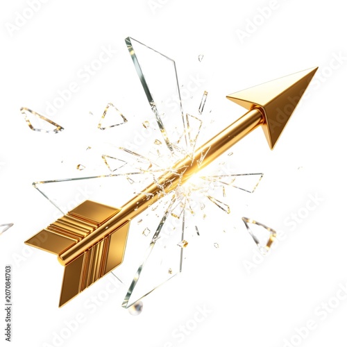 Golden Arrow Piercing Through Shattered Glass Symbolizing Breakthrough Success and Achievement