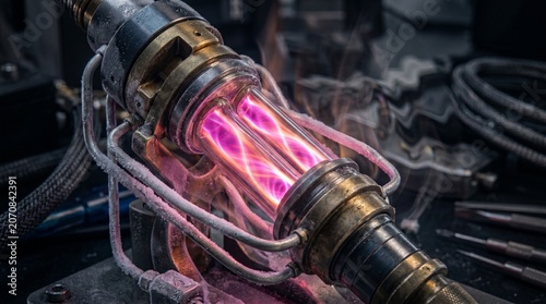 Realistic 3D render of a futuristic energy core plasma tube glowing with purple light on an engineering workbench, representing advanced mechanics and power generation