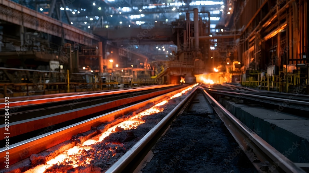 Obraz premium A productive industrial steel mill featuring moving conveyor belts and heavy hinery in a timeless factory setting