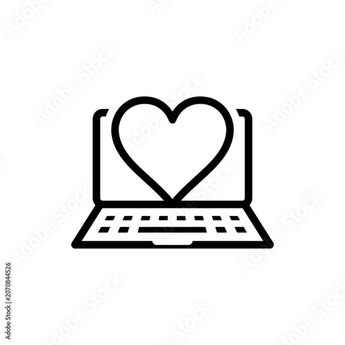 Laptop computer with heart icon on screen isolated on white background for online dating technology.