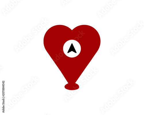 Heart shaped map location pointer icon with navigation arrow for travel tourism and destination.