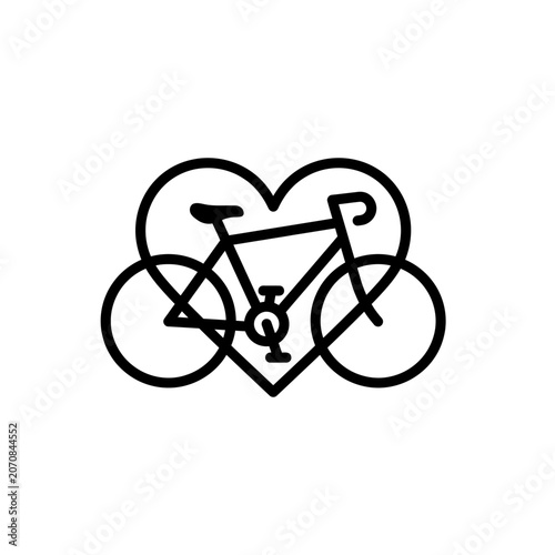 Bicycle and heart icon combined in outline style isolated on white background for cycling lovers as.