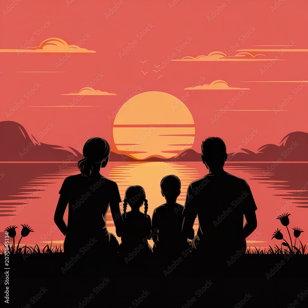 Fototapeta premium Family watching sunset over lake