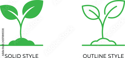 Photos plant sprout icon with leaves and soil, outline and silhouette vector illustrati