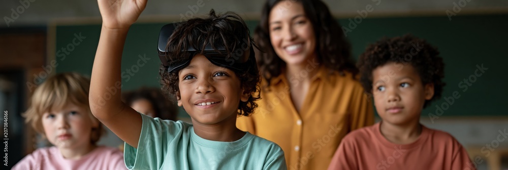 Obraz premium Children raising hand and smiling in classroom group