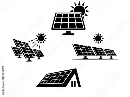 Solar energy and renewable power icon set, black silhouettes of photovoltaic panels on house roof and ground, sustainable electricity concepts. Transparent background.