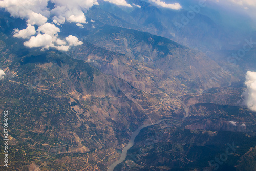 Aerial view of Srinagar from sky, image shot from aeroplane flying above Srinagar, Jammu and Kashmir, India.