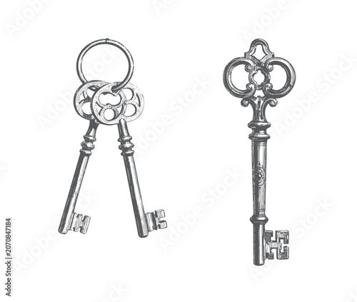 Cuadro en lienzo Antique decorative keys in nineteenth century engraved style with intricate meta
