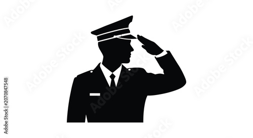 Schilderij op canvas Military Officer Silhouette With Saluting Gesture On White Background