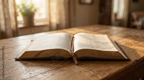 Open Holy Bible Resting on a Rustic Wooden Table in Soft Sunlight