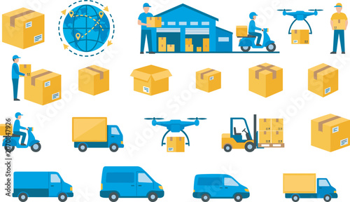 Last mile delivery and logistics icon set with warehouse transport drone shipping and parcel distribution