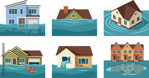 Foto Natural Disaster House Flood Vector Illustration Set with Submerged Residential