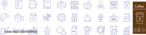 Coffee Shop Icon Set Editable Stroke. menu, cafe, barista, beans, cup, coffee machine, coffee house, espresso, cappuccino, drink.
