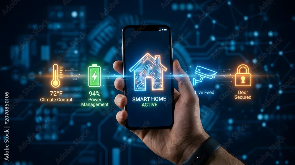 Fototapeta premium Smart home security and automation control on smartphone