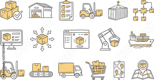 Logistics and Supply Chain Line Icons Set Featuring Warehouse Shipping Delivery Tracking Distribution and Automation Systems