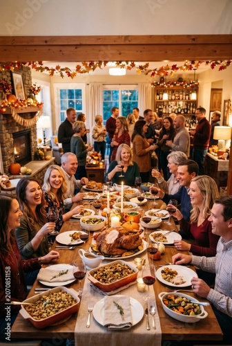 Friends and Family Gather Around a Large Table Filled With Various Dishes