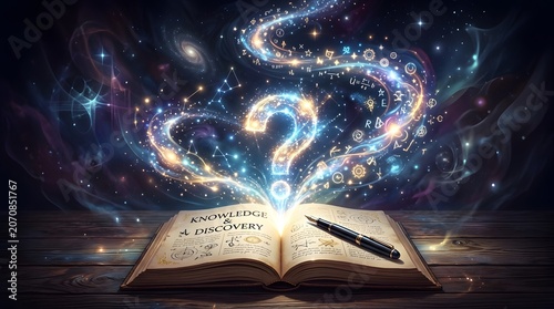 Open book with glowing question mark and swirling light effects symbolizing learning, curiosity, education, and creative knowledge discovery