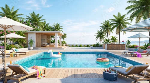 Sunny Poolside Scene With Lounge Chairs, Umbrellas, and Tropical Plants in a ...