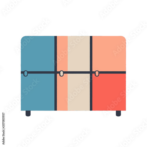 A colorful cabinet with three vertical sections and horizontal dividers
