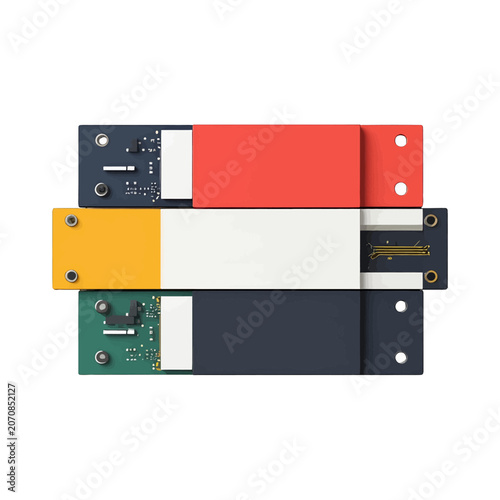 Three stacked electronic modules with colorful accents and visible circuitry
