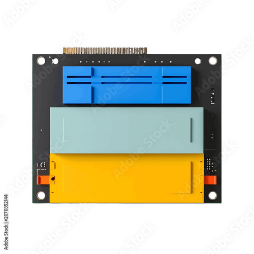 Circuit board with colorful components on a white background