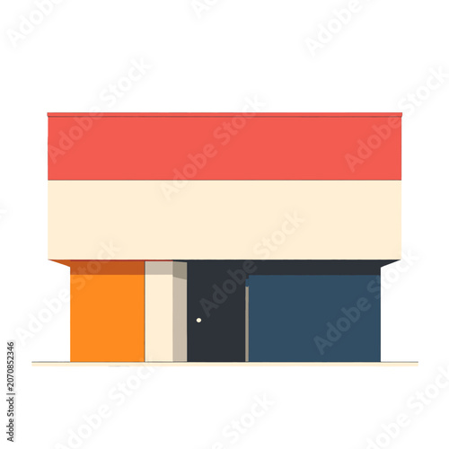 A modern building facade with bold color blocking and geometric shapes