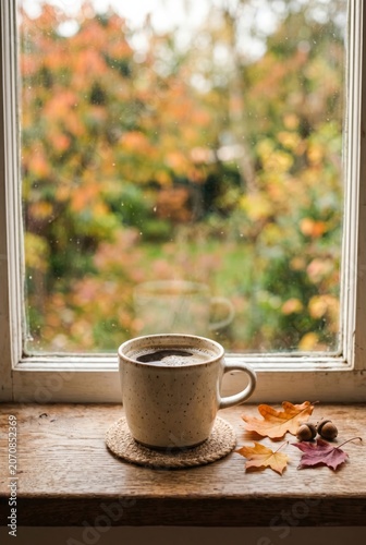Enjoying a Warm Drink by the Window With Colorful Leaves in the Background