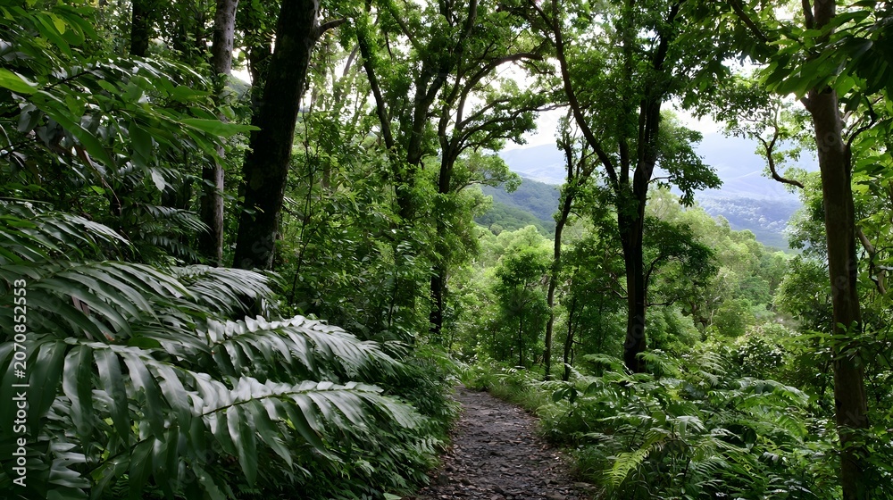Fototapeta premium A tranquil walk through a verdant rainforest overlooking endless vistas with dancing shadows