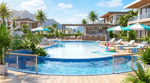 Enjoying a Sunny Day by the Pool With Lounge Chairs and Tropical Plants in a ...