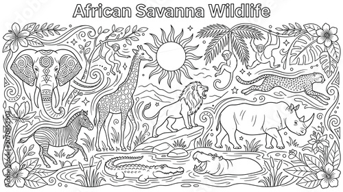 Canvas Print African savanna wildlife landscape scene for coloring page.