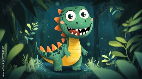 Cute cartoon dinosaur character in forest