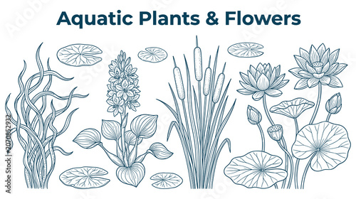 Schilderij op canvas Aquatic plants and flowers line art collection design.