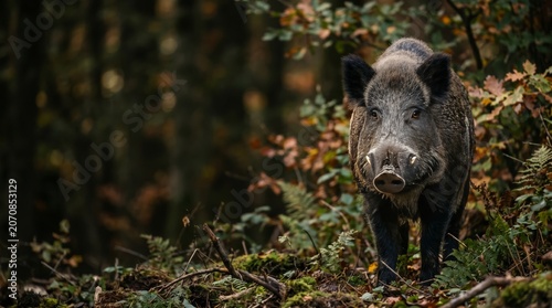 Wild Boar Stands on Forest Floor During Autumn Season in a Wooded Area