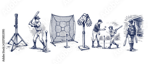 Schilderij op canvas Youth baseball batting practice equipment training set vector sketch illustration showing kids practicing batting swing with coach, tee, nets, gloves, and gear on white background