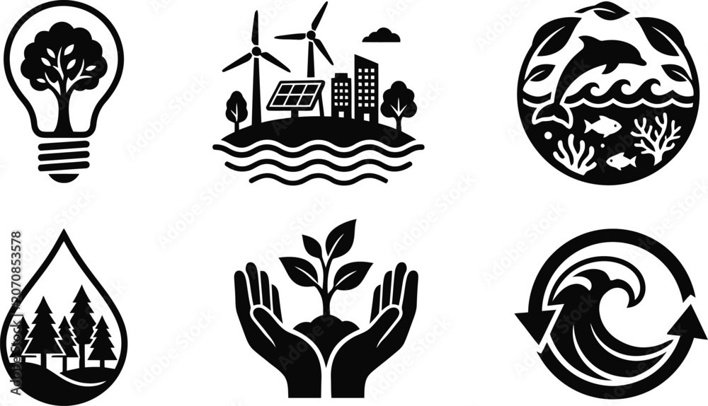 Fototapeta premium Eco friendly icons set with green energy and nature