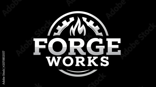 Modern industrial logo design of a gear and flame emblem with the text Forge Works on a black created with Generative AI Technology, ai, generative