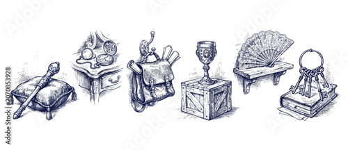 Fotografie Vintage adventure gear sketch illustrations featuring historical fantasy RPG quest items including scepter, pocket watch, leather satchel, ornate chalice, lace fan, and antique keys on a book