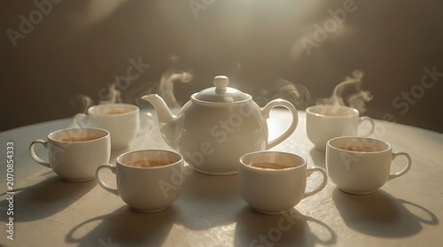 Peaceful Hot Tea Scene with Clean White Cups and Minimal Interior Style