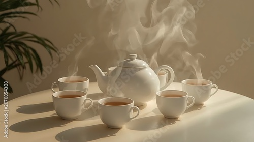 Peaceful Hot Tea Scene with Clean White Cups and Minimal Interior Style