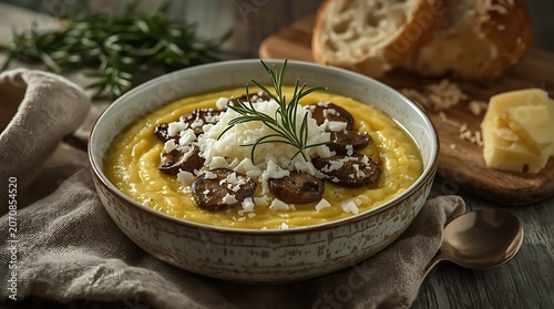 Creamy Porcini Mushroom Polenta with Grated Cheese and Fresh Rosemary on Rustic Table