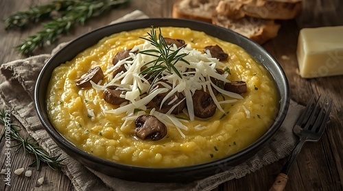 Creamy Porcini Mushroom Polenta with Grated Cheese and Fresh Rosemary on Rustic Table