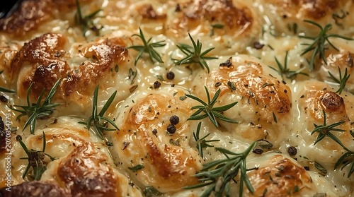 golden brown buttery herb crust with rosemary, buttery crust, herb crust, rosemary, thyme, parsley, black pepper, pan jus, gourmet food, close up, texture, golden brown, crispy, savory, seasoning, cul