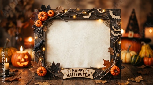 Halloween Decoration With Pumpkins, Leaves, and Lights in a Cozy Setting