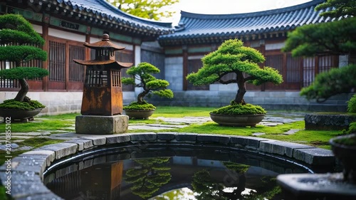 Exploring a traditional garden with a pond and bonsai trees in a historic setting
