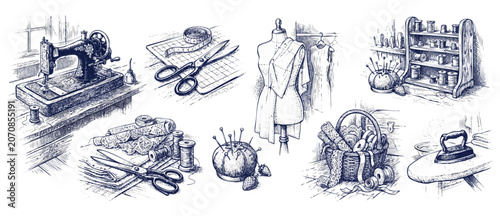 Bild auf Leinwand Vintage sewing tools illustration set for tailoring and dressmaking
