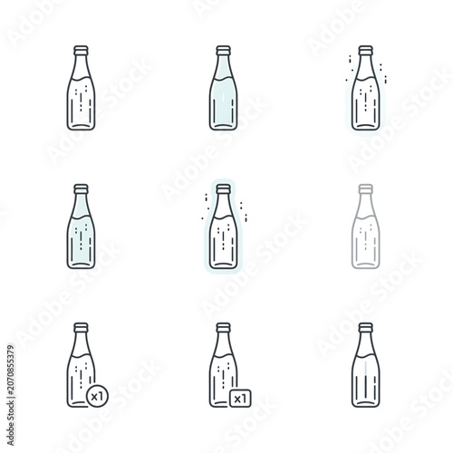 Set of Glass Bottle Icons with Liquid and Bubbles - Vector Art