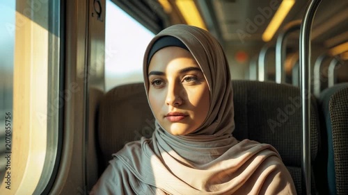 Woman on train looks out window and thinks about her journey during the day