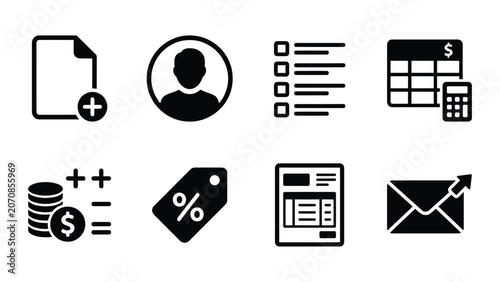 Financial Icons Set: Accounting, People, Sales, Mail, Money, Calendar, List