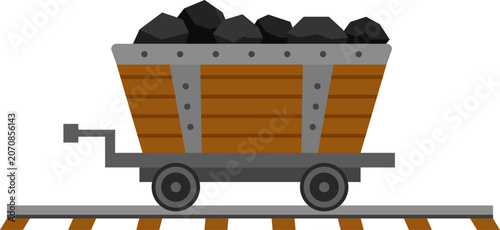 Mine cart full of coal on railway track mining industry flat illustration