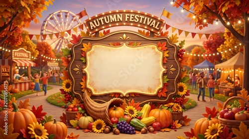 Fall Festival With Decorations and Activities in a Park During Sunset